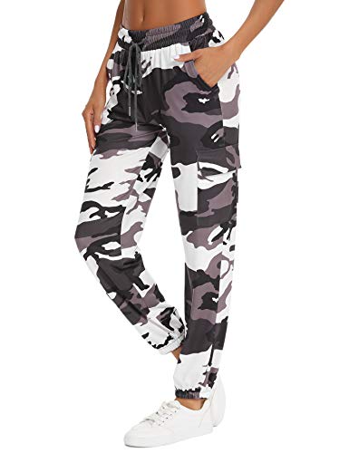 Doaraha Algodón Pantalones Deportivos Mujer Pantalón de Chándal Elásticos Transpirables con Bolsillos Laterales para Deporte Gimnasio Fitness Correr (Camuflaje marrón, S)