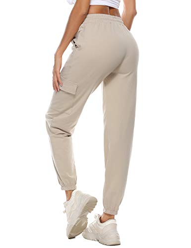 Doaraha Algodón Pantalones Deportivos Mujer Pantalón de Chándal Elásticos Transpirables con Bolsillos Laterales para Deporte Gimnasio Fitness Correr (Caqui, S)