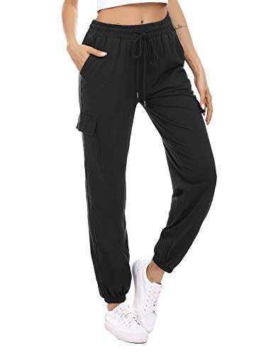 Doaraha Pantalones Deportivos Mujer Algodón Pantalón de Chándal Largo Elásticos Transpirables con Bolsillos Laterales para Deporte Gimnasio Fitness Correr (Negro, XL)