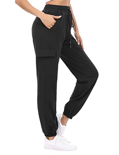 Doaraha Pantalones Deportivos Mujer Algodón Pantalón de Chándal Largo Elásticos Transpirables con Bolsillos Laterales para Deporte Gimnasio Fitness Correr (Negro, XL)