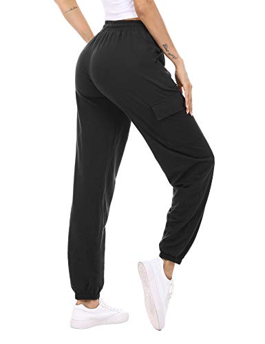 Doaraha Pantalones Deportivos Mujer Algodón Pantalón de Chándal Largo Elásticos Transpirables con Bolsillos Laterales para Deporte Gimnasio Fitness Correr (Negro, S)