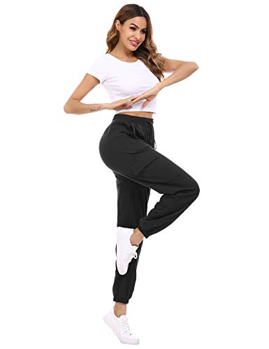 Doaraha Pantalones Deportivos Mujer Algodón Pantalón de Chándal Largo Elásticos Transpirables con Bolsillos Laterales para Deporte Gimnasio Fitness Correr (Negro, S)