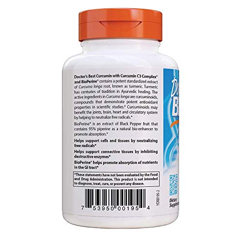 Doctor's Best, Complejo de Curcumina C3, con BioPerine, 1.000 mg, 120 Tabletas, sin soja, sin gluten