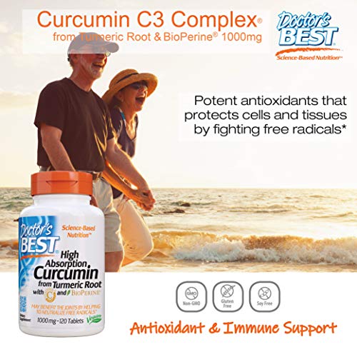 Doctor's Best, Complejo de Curcumina C3, con BioPerine, 1.000 mg, 120 Tabletas, sin soja, sin gluten