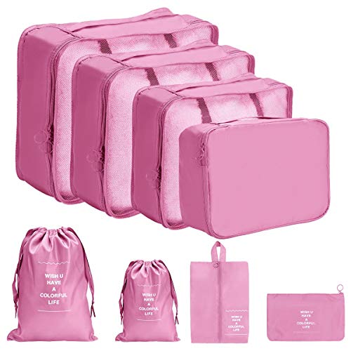 DoGeek Organizador de Equipaje 8 en 1 Set Viaje con Bolsa de Zapato, Impermeable Organizador de Maleta Bolsa para Ropa Sucia de Viaje, Material Nylon (Rosado)