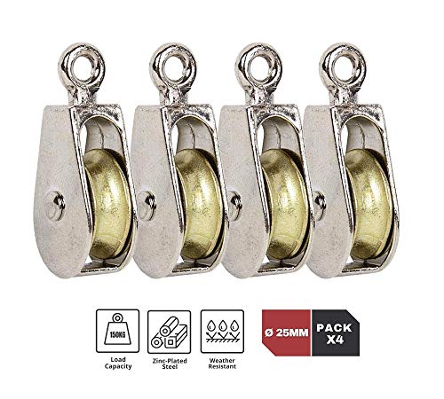 DOJA Industrial |(Pack de 4) unidades de Poleas Individuales de acero niquelado | Diámetro: 25mm | Polea tamaño estándar | Gancho fijo | Capacidad de carga de 150 kg DOJA Industrial |(Pack de 4) unidades de Poleas Individuales de acero niquelado | Diámetro: 25mm | Polea tamaño estándar | Gancho fijo | Capacidad de carga de 150 kg