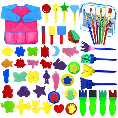 Dokpav 52PCS Niños Esponja Pintura Cepillos Kit, Herramientas de Dibujo para Niños, Cepillos de Pintura de Esponja, Delantal de Pintura, Esponja de Cepillos de Pintura Set para Arte Artesanía DIY