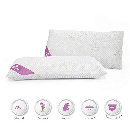 Don Descanso Pack 2 Almohadas Viscoelástica de Copos 70cm, Firmeza Media, Ergonómicas, Adaptables a Cabeza y Cuello, Transpirables, Tejido Strech. Fabricadas en España. Ideal para Dormir de Lado