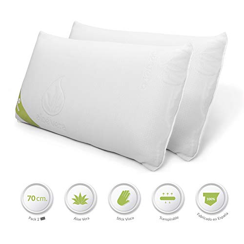 DON DESCANSO Pack 2 Almohadas Viscoelásticas Aloe Vera con Copos 100% Viscoelásticos, 70cm, Firmeza Media, Ergonómicas, Adaptables a Cabeza y Cuello, Transpirables, Tejido Strech. Fabricadas en España