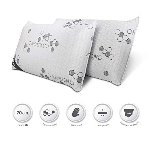 Don Descanso Pack 2 Almohadas Viscoelásticas Carbono con Copos 100% Viscoelásticos, 70cm, Firmeza Media, Ergonómicas, Adaptables a Cabeza y Cuello, Transpirables, Tejido Strech. Fabricadas en España.