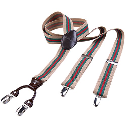 DonDon hombres tirantes 3,5 cm ancho 4 clips con piel cuero marrón de forma Y elástico y con longitud ajustable beis rayado DonDon hombres tirantes 3,5 cm ancho 4 clips con piel cuero marrón de forma Y elástico y con longitud ajustable beis rayado