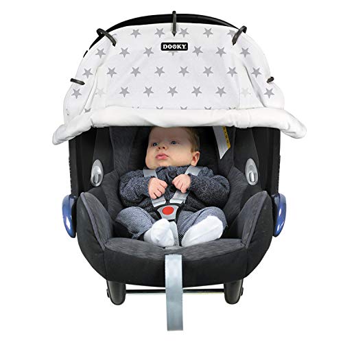 Dooky Universal Cover Silver Stars Protección solar, protección climática para el asiento del bebé en el coche y la silla de paseo (protección UV SPF 40+, TÜV probado, ajuste universal), Blanco
