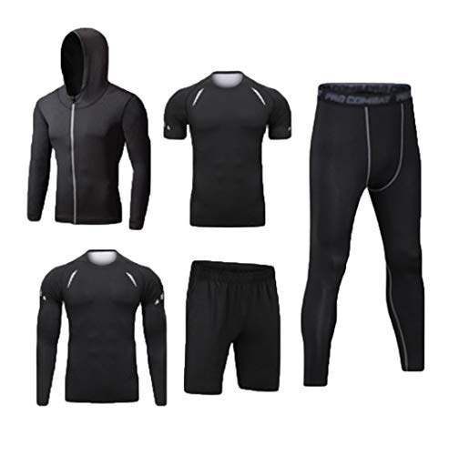 Dooxii Hombre 5 Piezas Secado Rápido Conjunto Compresión Ropa Sudaderas con Capucha y Pantalones Cortos y Leggings y Manga Corta y Manga Larga Tops Apretada para Running Fitness Entrenamiento L