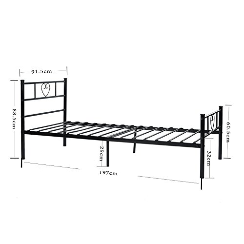 DORAFAIR Marco de Cama Individual de Metal Estructura 90 x 190cm,Corazón Negro