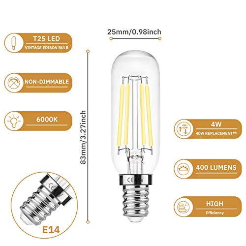 DORESshop E14 T25 LED 4W=40W - Campana extractora, 400LM, bombilla de incandescencia Edison, blanco día 6000K, no regulable, lámpara para electrodomésticos para campana extractora, paquete de 2 DORESshop E14 T25 LED 4W=40W - Campana extractora, 400LM, bombilla de incandescencia Edison, blanco día 6000K, no regulable, lámpara para electrodomésticos para campana extractora, paquete de 2
