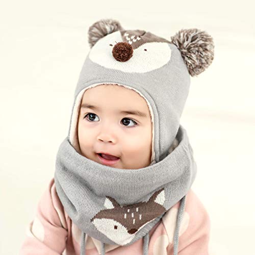 DORRISO Linda Niños Sombrero y Bufanda Guantes Otoño Invierno Primavera Gorro Bebe Calentar Pequeña Zorro Gorro Bufanda Guantes Conjunto Sombrero de Niño Gris