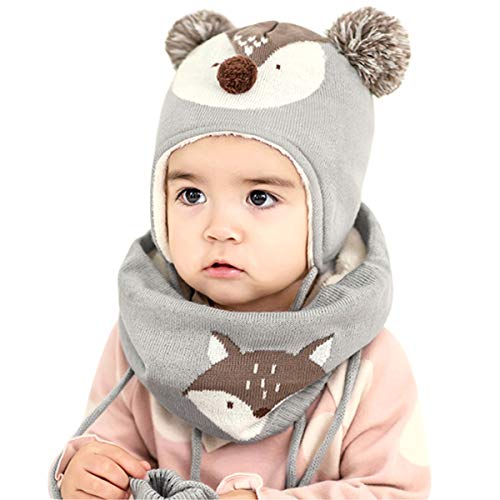 DORRISO Linda Niños Sombrero y Bufanda Guantes Otoño Invierno Primavera Gorro Bebe Calentar Pequeña Zorro Gorro Bufanda Guantes Conjunto Sombrero de Niño Gris