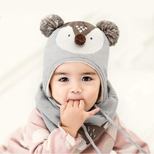 DORRISO Linda Niños Sombrero y Bufanda Guantes Otoño Invierno Primavera Gorro Bebe Calentar Pequeña Zorro Gorro Bufanda Guantes Conjunto Sombrero de Niño Gris