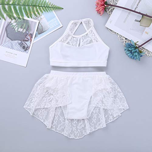 dPois 2 pc Conjunto Espalda Escotada para Niña Baile Jazz Ballet Crop Top Corto + Pantalones Cortos con Falda Tutú Traje de Encaje Flores Lírica Danza Contemporánea Moderna Blanco 10-12 Años