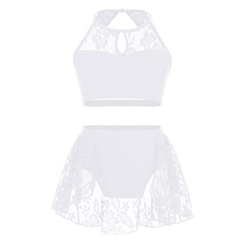 dPois 2 pc Conjunto Espalda Escotada para Niña Baile Jazz Ballet Crop Top Corto + Pantalones Cortos con Falda Tutú Traje de Encaje Flores Lírica Danza Contemporánea Moderna Blanco 10-12 Años