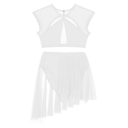 dPois 2 Piezas Traje de Danza Lírica Contemporánea para Mujer Chica Vestido Elegante de Ballet Baile Moderno Conjunto Criss Cross Crop Top + Falda Corta Irregular Fiesta Actuación Blanco S