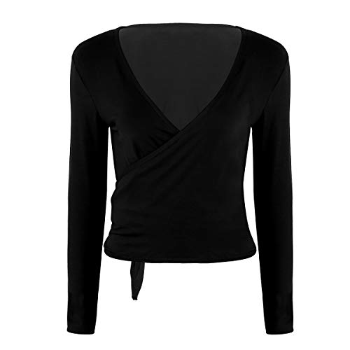 dPois Cardigan Cruzado Wraps Chaqueta Danza Ballet Baile Latino Mujer Top Manga Larga Capa Elegante para Vestido Maillot Leotardo Invierno Otoño Fiesta Bolero Corto Elástico Negro Medium