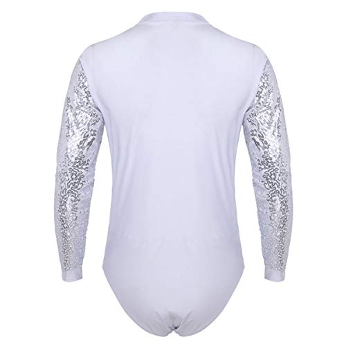 dPois Maillot Lentejuelas Hombre Ballet Body Mangas Largas Camisa Shirt Bodysuit Una Pieza Ropa de Baile Traje de Danza Latín M-XXL Blanco M