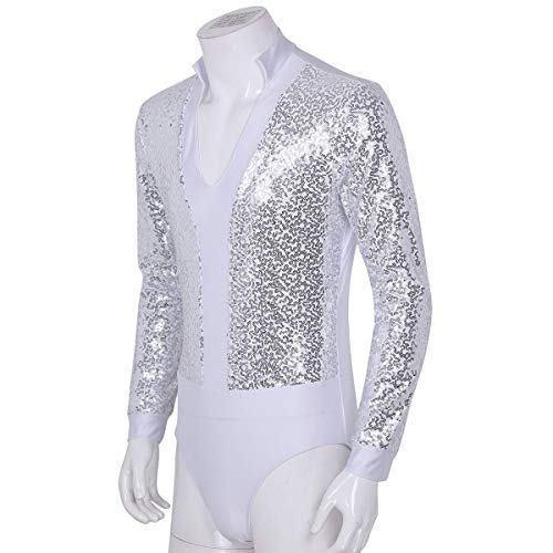 dPois Maillot Lentejuelas Hombre Ballet Body Mangas Largas Camisa Shirt Bodysuit Una Pieza Ropa de Baile Traje de Danza Latín M-XXL Blanco M