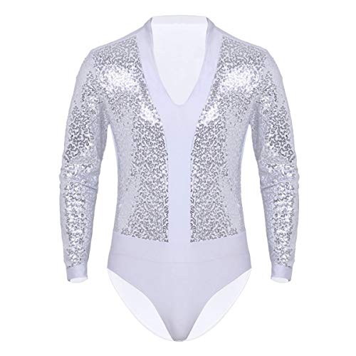 dPois Maillot Lentejuelas Hombre Ballet Body Mangas Largas Camisa Shirt Bodysuit Una Pieza Ropa de Baile Traje de Danza Latín M-XXL Blanco M