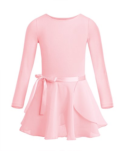 dPois Maillot Niña Ballet Gimnasia Danza Leotardo Manga Larga 2PC Disfraz Bailarina Tutú Falda Envolvente Gasa Traje de Ballet Equipamiento Básico para Niña Chica Rosa Perla 5-6 años