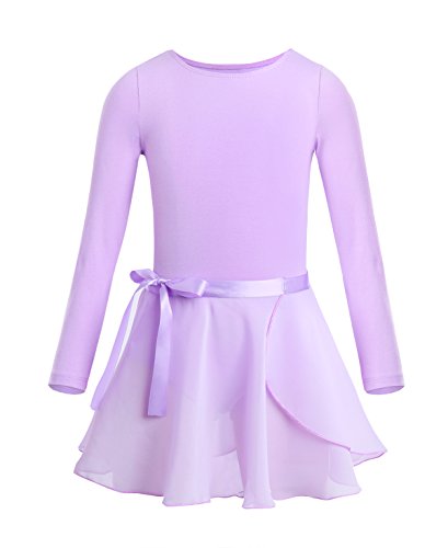 dPois Maillot Niña Ballet Gimnasia Danza Leotardo Manga Larga 2PC Disfraz Bailarina Tutú Falda Envolvente Gasa Traje de Ballet Equipamiento Básico para Niña Chica Lavanda 5-6 años