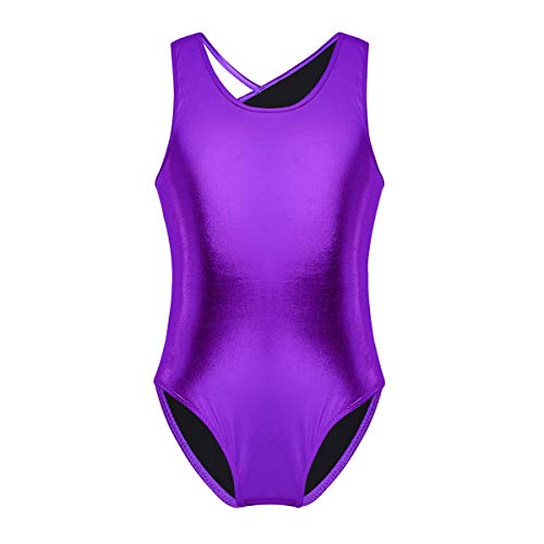 dPois Maillot Niña Gimnasia Body Mono Ropa de Danza Patinaje Artistico Leotardo Gimnasia Ritmica Clásico Brillant para Competicion (5-14 Años) Morado 9-10 años