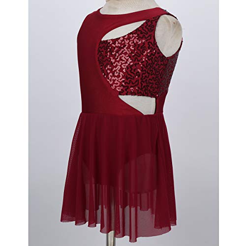 dPois Maillot Patinaje Artistico para Niña Vestido de Patinaje Lentejuelas sin Mangas Disfraz de Bailarina Maillot Ballet con Falda Tutu Princesa Skating Ballet Dress Rojo Vino 8 Años