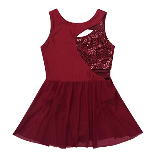 dPois Maillot Patinaje Artistico para Niña Vestido de Patinaje Lentejuelas sin Mangas Disfraz de Bailarina Maillot Ballet con Falda Tutu Princesa Skating Ballet Dress Rojo Vino 8 Años