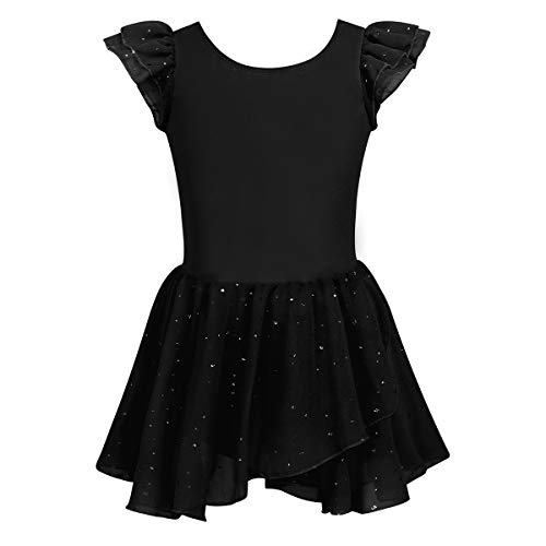 dPois Vestido de Ballet Danza Niña Maillot Lentejuelas Manga Corta Leotardo Gimnasia con Falda Gasa con Brillos Estrellados Body de Danza Algodón Tutu de Ballet Skirted Leotard Negro 10 Años