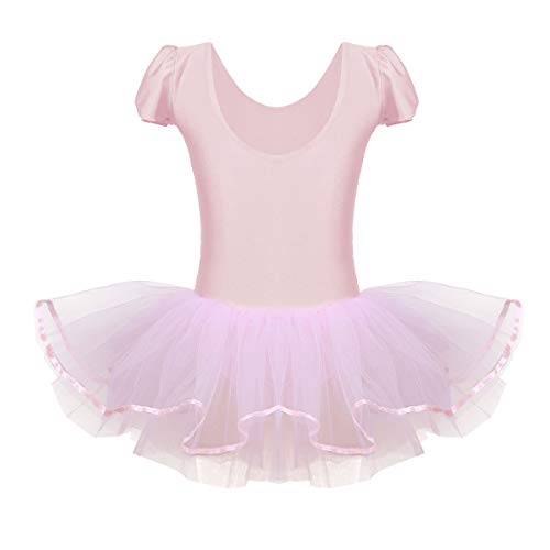 dPois Vestido de Danza Lentejuelas Niña Ropa de Ballet Maillot Leotardo con Falda Gimnasia Tutu de Fiesta Maillot Manga Corta para Niña Ballet Baile Disfraz Ballerina Bailarina Rosa A 5-6 años