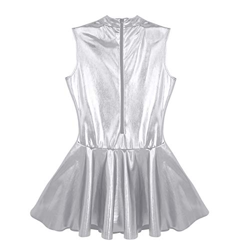 dPois Vestido de Patinaje Artístico de Cuero Brillante Metalizado Maillot Ballet sin Manga Mujer Leotardo con Falda Gimnasia Sexy Traje de Danza Fiesta Invierno Cuello Alto Atractivo Plateado Small