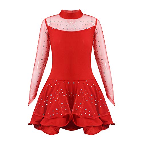 dPois Vestido de Patinaje Maillot Gimnasia Ritmica Niña Maillot de Ballet Danza Manga Larga Leotardo de Patinaje Artístico Disfraz Bailarina Tutu Princesa Cuello Alto 4-14 Años Rojo B 7-8 años