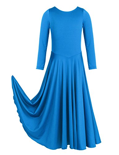 dPois Vestido Largo Litúrgico para Danza Danza Baile Niña Maillot con Falda Larga Manga Larga Leotardo Gimnasia Disfraz Bailarina Princesa Actuación Fiesta Elegante Primavera Azul 10 Años