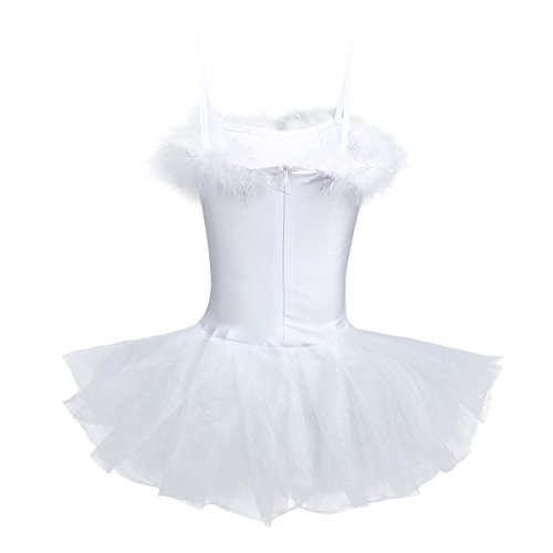 dPois Vestido Maillot de Ballet Danza para Niña Tutú Ballet Princesa Vestido Lentejuelas Brillantes + Guantes + Clip Vestido de Patinaje Artistico Disfraz Traje Bailarina Blanco A 7-8 años