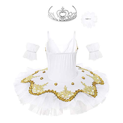 dPois Vestido Maillot de Ballet Danza para Niña Tutú Ballet Princesa Vestido Lentejuelas Brillantes + Guantes + Clip Vestido de Patinaje Artistico Disfraz Traje Bailarina Blanco B 5-6 años