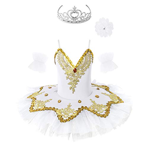 dPois Vestido Maillot de Ballet Danza para Niña Tutú Ballet Princesa Vestido Lentejuelas Brillantes + Guantes + Clip Vestido de Patinaje Artistico Disfraz Traje Bailarina Blanco B 5-6 años