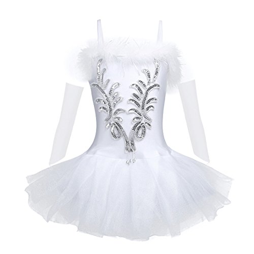 dPois Vestido Maillot de Ballet Danza para Niña Tutú Ballet Princesa Vestido Lentejuelas Brillantes + Guantes + Clip Vestido de Patinaje Artistico Disfraz Traje Bailarina Blanco A 7-8 años