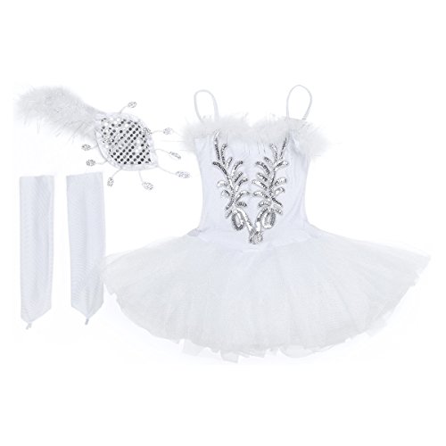 dPois Vestido Maillot de Ballet Danza para Niña Tutú Ballet Princesa Vestido Lentejuelas Brillantes + Guantes + Clip Vestido de Patinaje Artistico Disfraz Traje Bailarina Blanco A 7-8 años