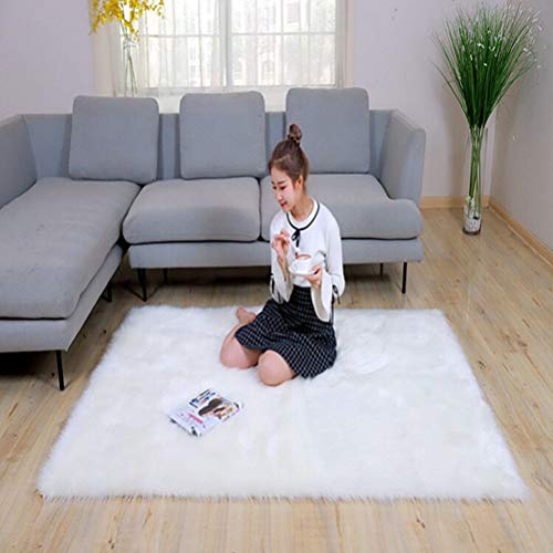 DQMEN Piel de Cordero Oveja/Sheepskin Rug Cordero, imitación mullida Alfombras imitación Piel sintética Deko Piel,para salón Dormitorio baño sofá Silla cojín (Cuadrado Blanco, 90 X 90 CM)