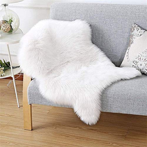 DQMEN Piel de Cordero Oveja/Sheepskin Rug Cordero, imitación mullida Alfombras imitación Piel sintética Deko Piel,para salón Dormitorio baño sofá Silla cojín (50 X 80 cm, Blanco)