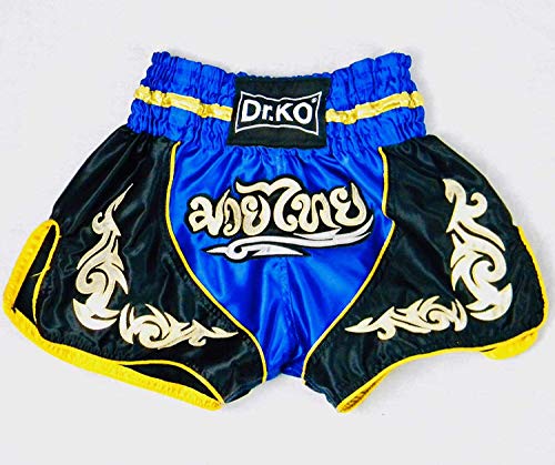 Dr. K.O. Pantalones Cortos Muay Thai y Kick Boxing para Adultos y niños (Azul, S)