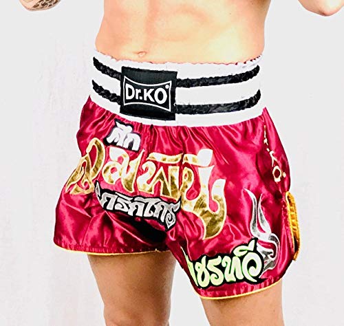 Dr. K.O. Pantalones Cortos Muay Thai y Kick Boxing para Adultos y niños (Rojo, S)