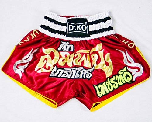 Dr. K.O. Pantalones Cortos Muay Thai y Kick Boxing para Adultos y niños (Rojo, S)