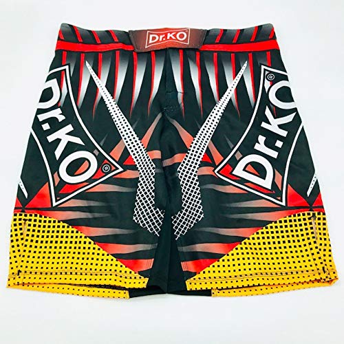 Dr. K.O. Pantalones Cortos Shorts MMA para Lucha, Boxeo, Artes Marciales, Kick Boxing, Muay Thai (Negro y Rojo, XXL)